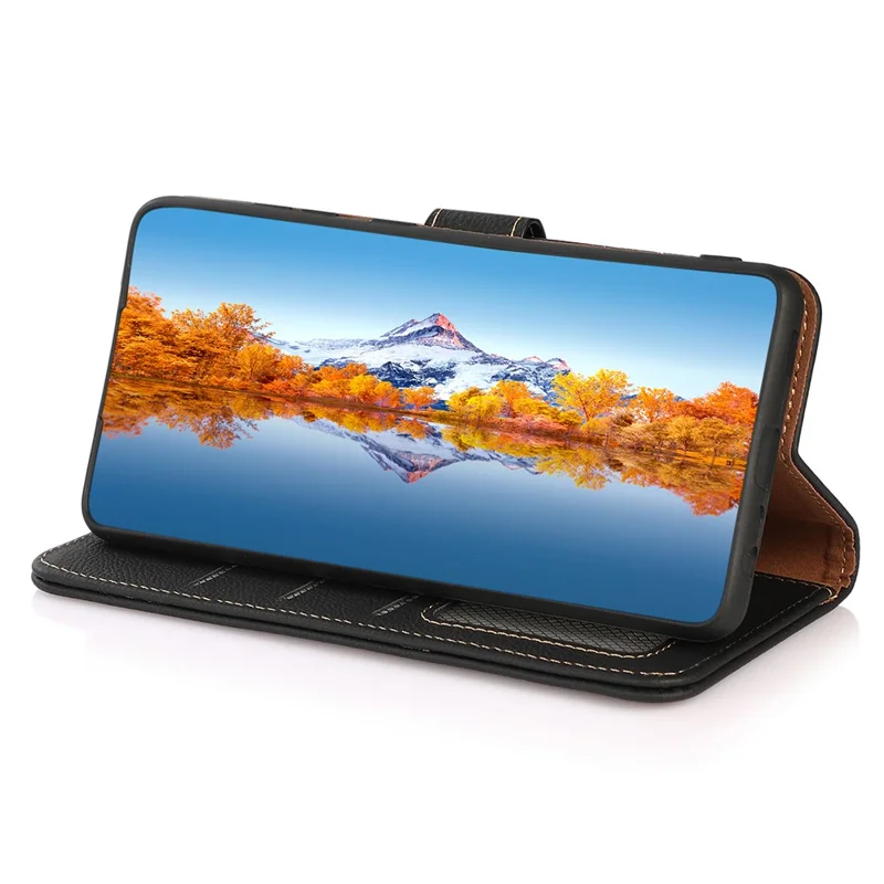 KHAZNEH For Xiaomi Redmi Note 13 Pro 5G / Poco X6 5G Case RFID Blocking Genuine Cow Leather Card Slot Phone Cover - Black