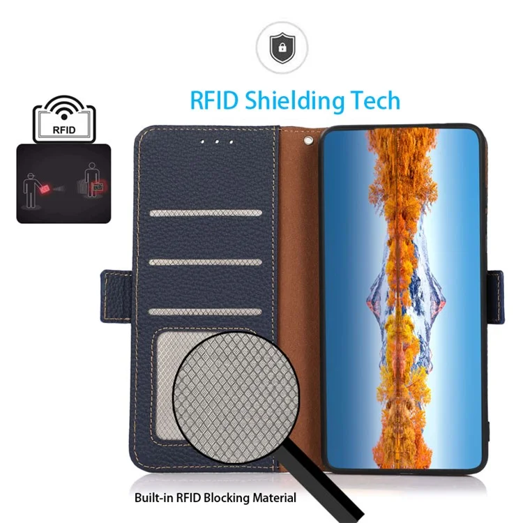 KHAZNEH Per Xiaomi Redmi Note 13 Pro 5G / Poco X6 5G Custodia Texture Litchi RFID Blocking Protettore del Telefono - Blu