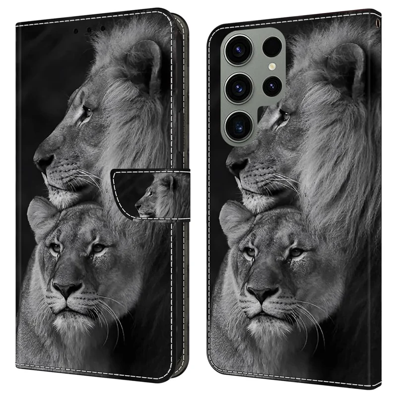 For Samsung Galaxy S24 Ultra Case Anti-fall PU Leather+TPU 3D Pattern Phone Guard Cover - Couple Lions