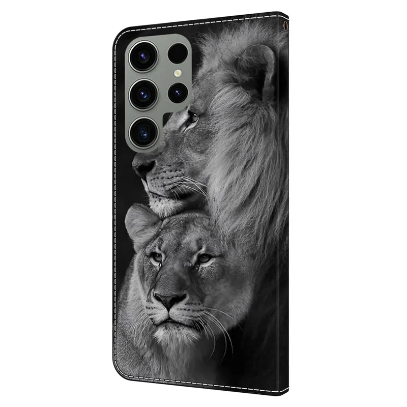 For Samsung Galaxy S24 Ultra Case Anti-fall PU Leather+TPU 3D Pattern Phone Guard Cover - Couple Lions
