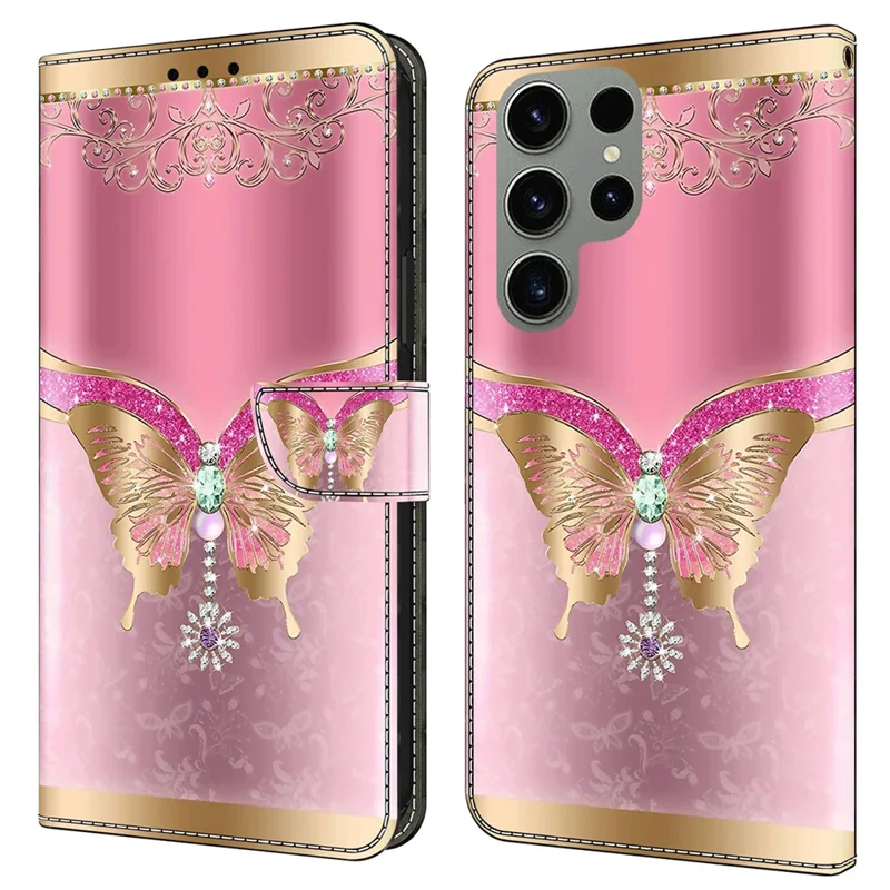 For Samsung Galaxy S24 Ultra Wallet Case PU Leather 3D Pattern Printing Stand Cover - Pink / Gold Butterfly