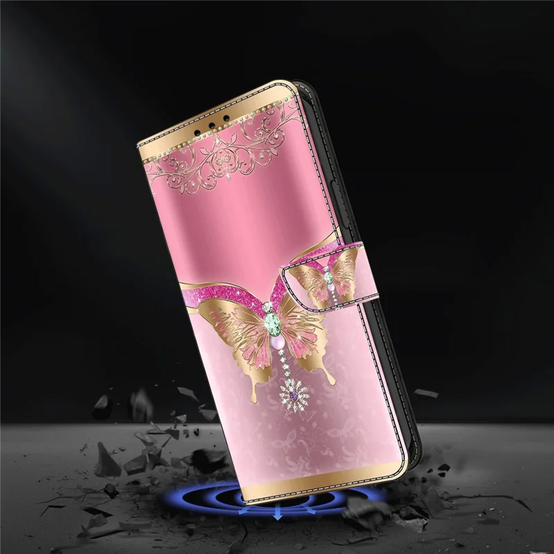 For Samsung Galaxy S24 Ultra Wallet Case PU Leather 3D Pattern Printing Stand Cover - Pink / Gold Butterfly