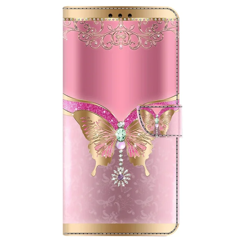 For Samsung Galaxy S24 Ultra Wallet Case PU Leather 3D Pattern Printing Stand Cover - Pink / Gold Butterfly