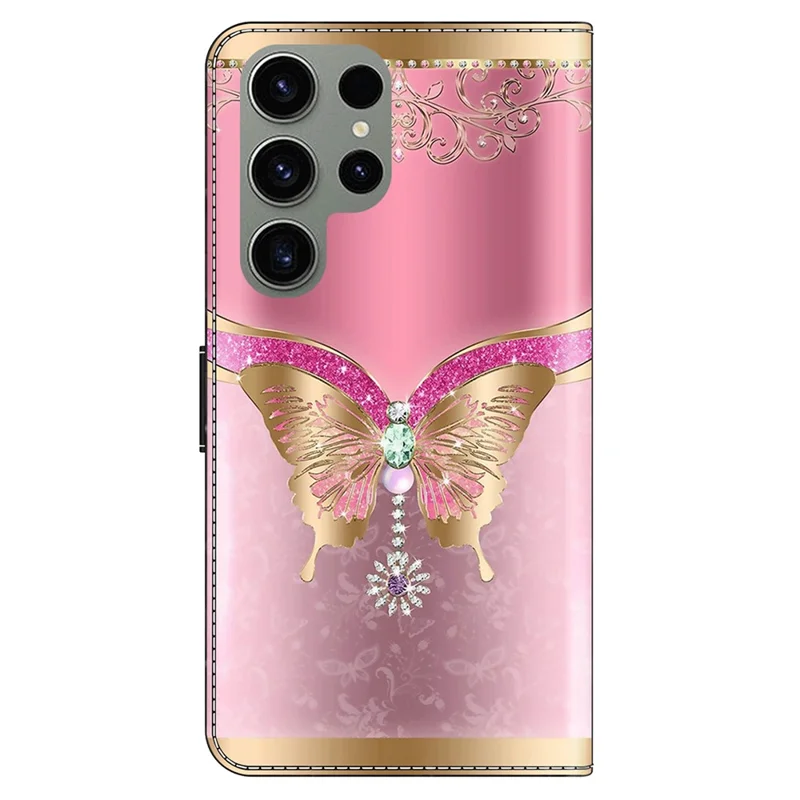 For Samsung Galaxy S24 Ultra Wallet Case PU Leather 3D Pattern Printing Stand Cover - Pink / Gold Butterfly