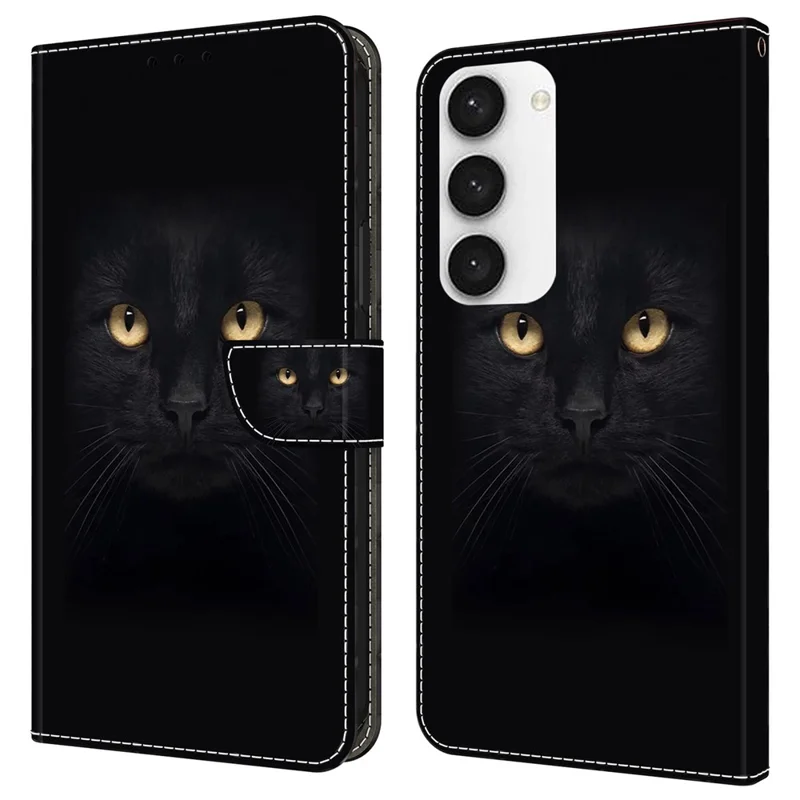 For Samsung Galaxy S24 Cell Phone Case Leather 3D Pattern Card Slot Protective Cover - Black Cat