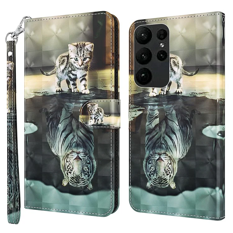 Para Samsung Galaxy S24 Ultra Case 3D Pattern Leather Stand Phone Cover - Gato e Tigre