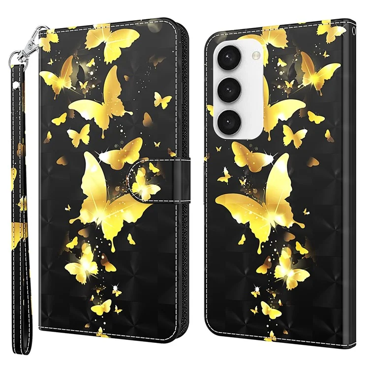 For Samsung Galaxy S24 Leather Phone Case Flip Wallet 3D Pattern Printing Cover - Golden Butterfly