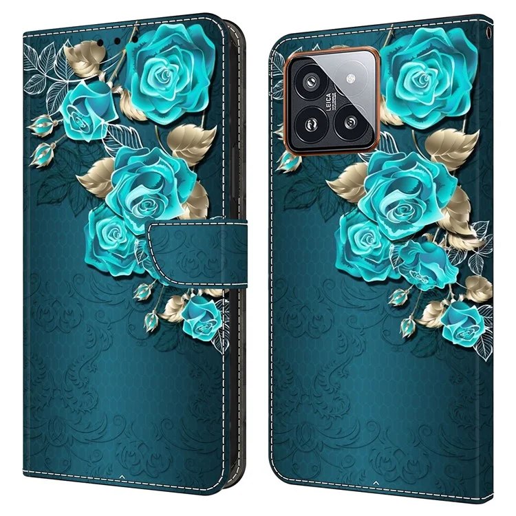 Für Xiaomi 14 Pro Lederhandy-Hülle Geldbörse 3D-Muster-Design - Blaue Rose