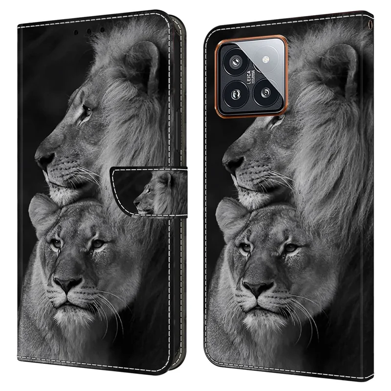For Xiaomi 14 Pro Leather Phone Case Wallet 3D Pattern Design Cover - Couple Lions