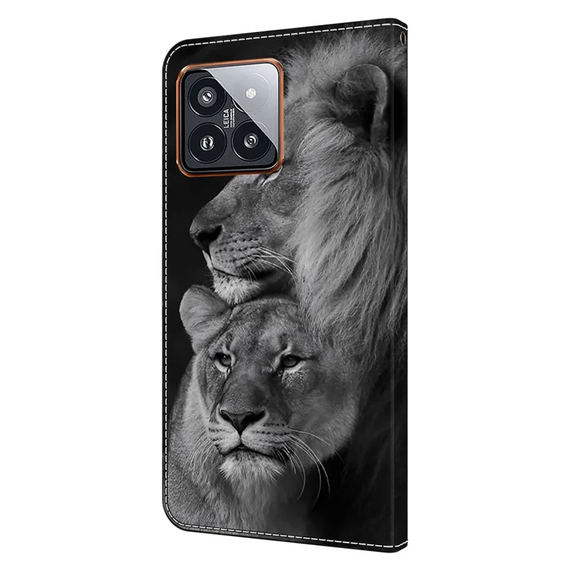 For Xiaomi 14 Pro Leather Phone Case Wallet 3D Pattern Design Cover - Couple Lions