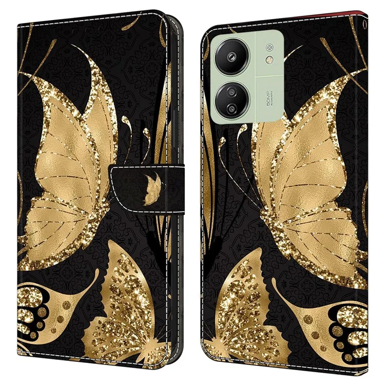 Per Xiaomi Redmi 13C 4G / 13C 5G / Poco C65 4G / Poco M6 5G / 13R 5G Custodia per Telefono Pelle PU Motivo 3D Flip Folio - Golden Butterfly