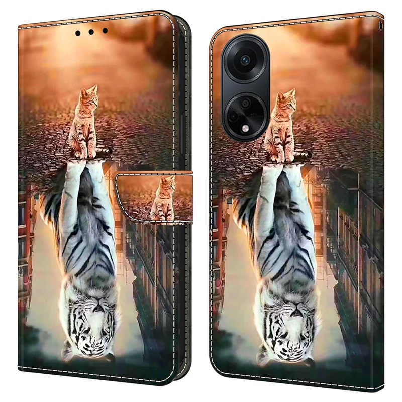 For Oppo A98 5G / A1 5G PU Leather Cover 3D Pattern Mobile Phone Case - Cat and Tiger