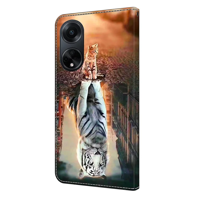 For Oppo A98 5G / A1 5G PU Leather Cover 3D Pattern Mobile Phone Case - Cat and Tiger
