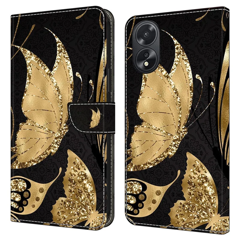 For Oppo A38 4G / A18 4G Leather Phone Case 3D Pattern Magnetic Closure Folio Cover - Golden Butterfly