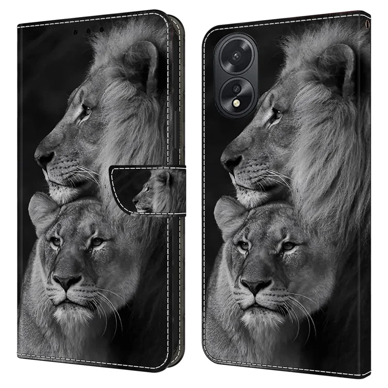 For Oppo A38 4G / A18 4G Leather Phone Case 3D Pattern Magnetic Closure Folio Cover - Couple Lions