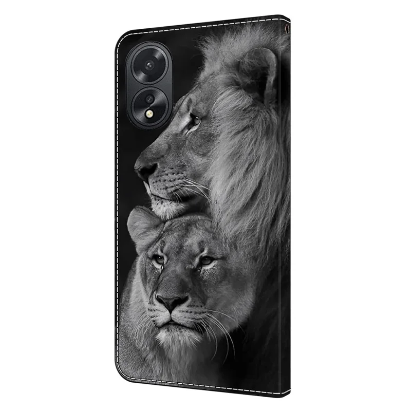 For Oppo A38 4G / A18 4G Leather Phone Case 3D Pattern Magnetic Closure Folio Cover - Couple Lions