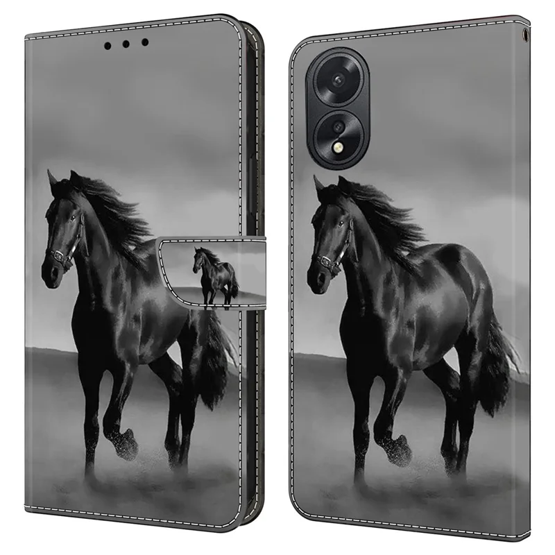 For Oppo A38 4G / A18 4G Leather Phone Case 3D Pattern Magnetic Closure Folio Cover - Black Horse