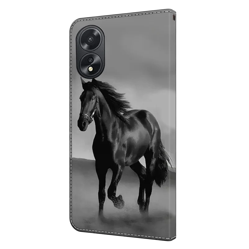 For Oppo A38 4G / A18 4G Leather Phone Case 3D Pattern Magnetic Closure Folio Cover - Black Horse