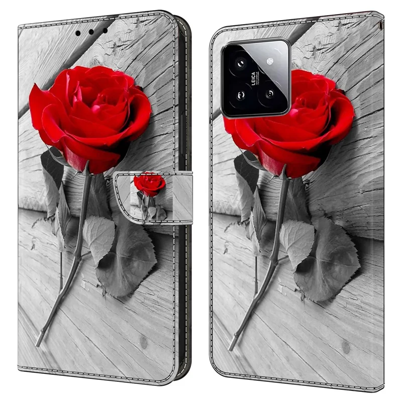 For Xiaomi 14 Wallet Case 3D Pattern PU Leather Stand Phone Cover - Rose