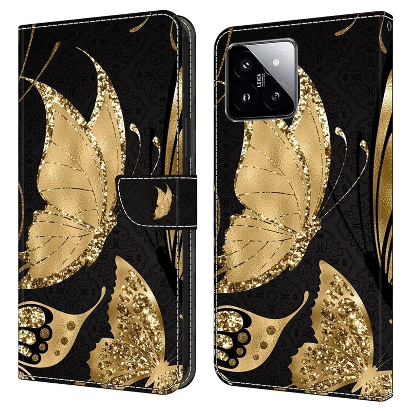 For Xiaomi 14 Wallet Case 3D Pattern PU Leather Stand Phone Cover - Golden Butterfly