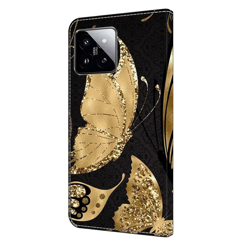 For Xiaomi 14 Wallet Case 3D Pattern PU Leather Stand Phone Cover - Golden Butterfly