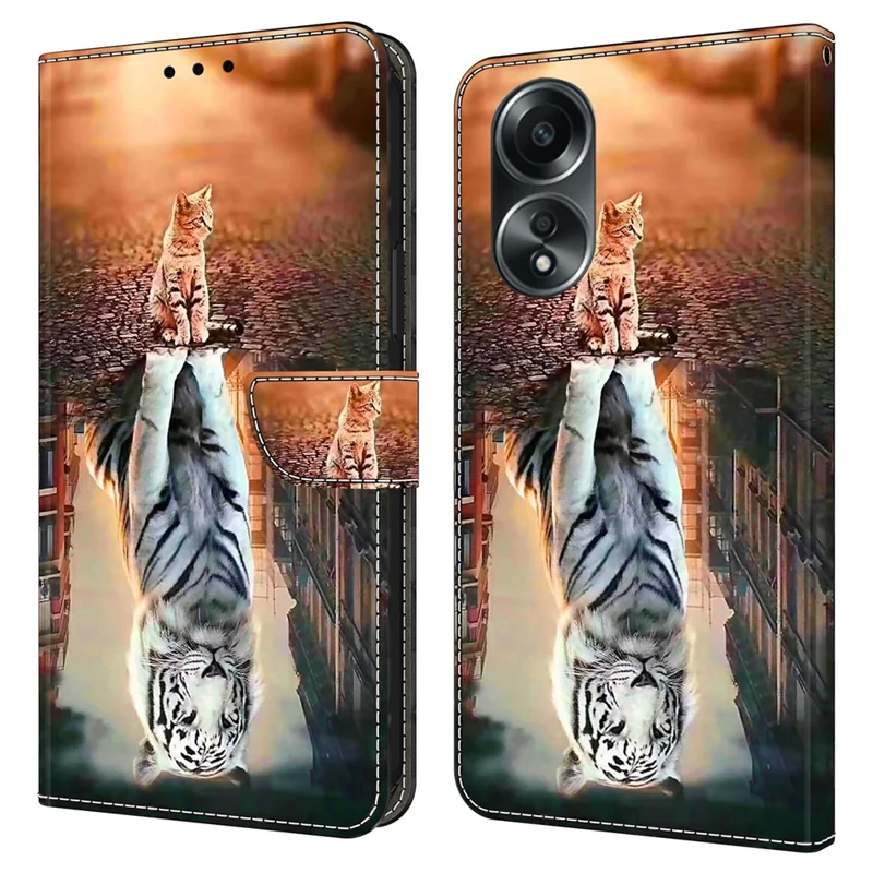 For Oppo A58 4G Flip Phone Case 3D Pattern Printed PU Leather Shockproof Cover - Cat and Tiger