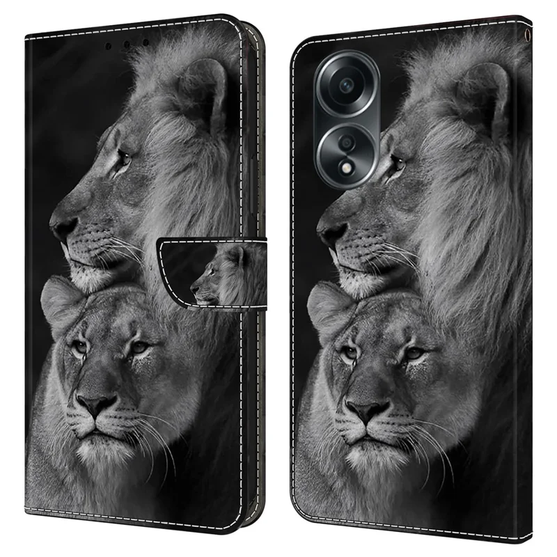For Oppo A58 4G Flip Phone Case 3D Pattern Printed PU Leather Shockproof Cover - Couple Lions