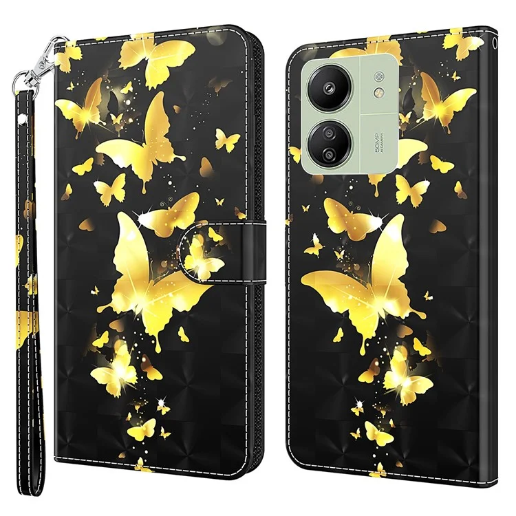 For Xiaomi Redmi 13C 4G / 13C 5G / Poco C65 4G / Poco M6 5G / 13R 5G Phone Case PU Leather 3D Pattern Stand Cover - Golden Butterfly