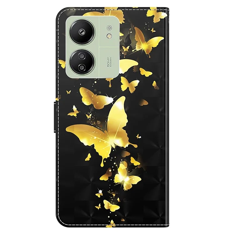 For Xiaomi Redmi 13C 4G / 13C 5G / Poco C65 4G / Poco M6 5G / 13R 5G Phone Case PU Leather 3D Pattern Stand Cover - Golden Butterfly