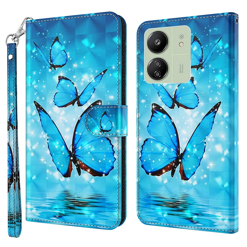 For Xiaomi Redmi 13C 4G / 13C 5G / Poco C65 4G / Poco M6 5G / 13R 5G Phone Case PU Leather 3D Pattern Stand Cover - Blue Butterflies