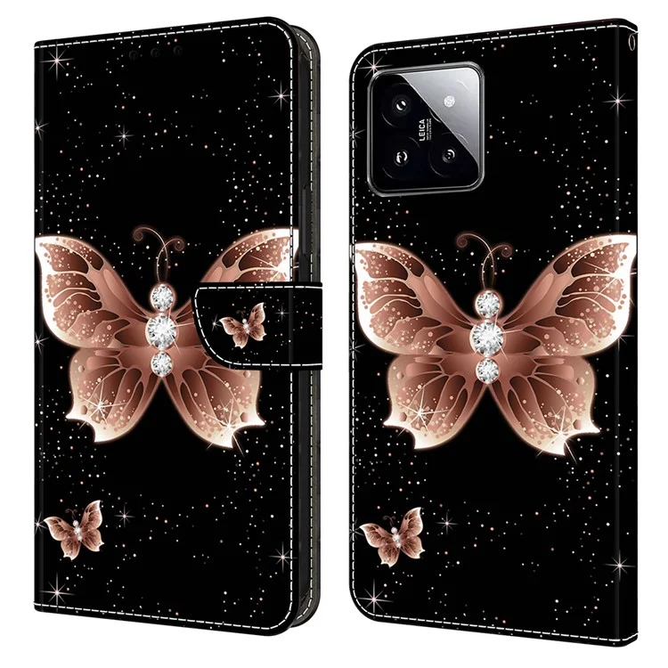Для Xiaomi 14 Case 3D Pattern Printing Phone Cover with Wallet Stand - Pink Diamond Butterfly