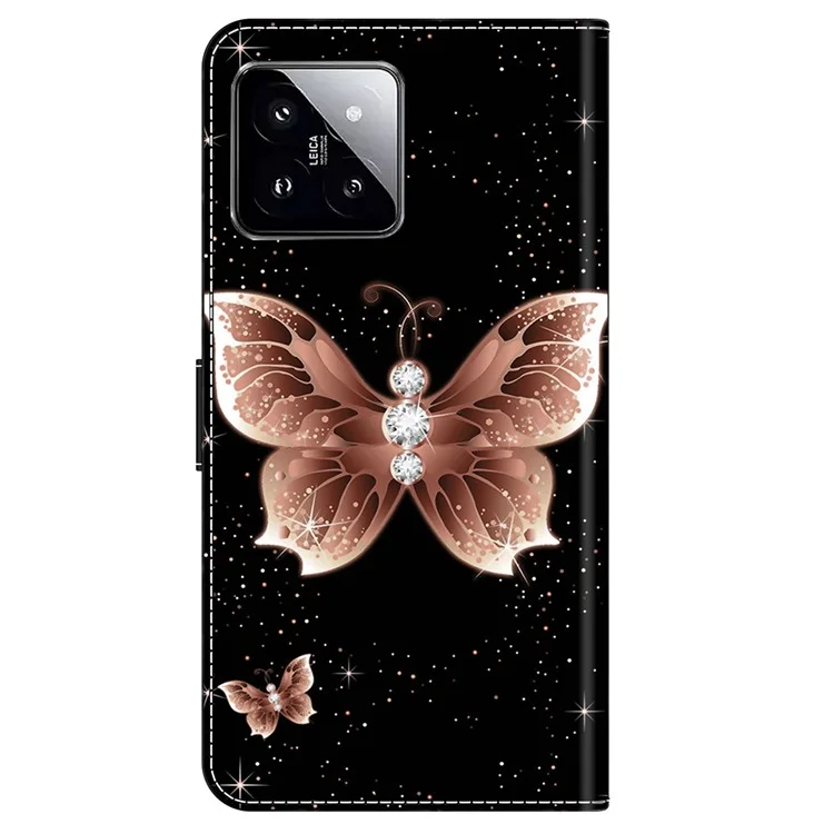 Для Xiaomi 14 Case 3D Pattern Printing Phone Cover with Wallet Stand - Pink Diamond Butterfly