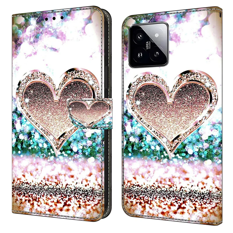 For Xiaomi 14 Case 3D Pattern Printing Phone Cover with Wallet Stand - Pink Diamond Heart