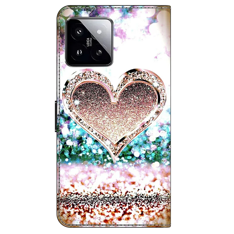 For Xiaomi 14 Case 3D Pattern Printing Phone Cover with Wallet Stand - Pink Diamond Heart