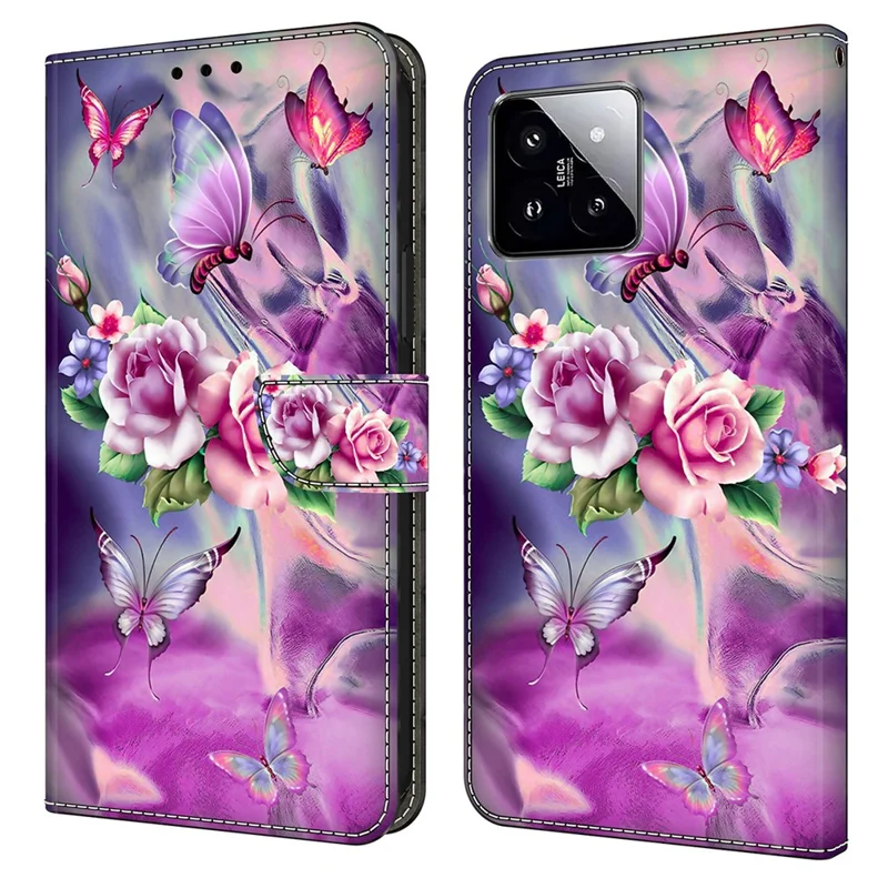 For Xiaomi 14 Case 3D Pattern Printing Phone Cover with Wallet Stand - Butterflies / Flowers