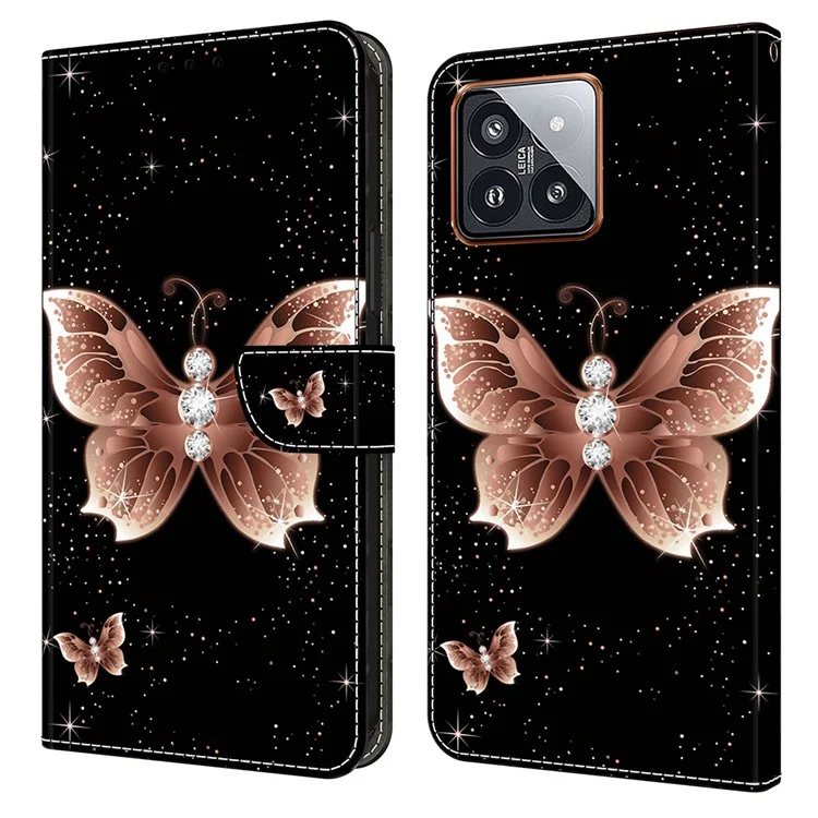 Для чехла Xiaomi 14 Pro 3D принт рисунок кошелек кожаный чехол - розовый бриллиант бабочка