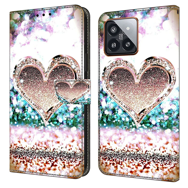 For Xiaomi 14 Pro Case 3D Pattern Printing Wallet Phone Leather Cover - Pink Diamond Heart