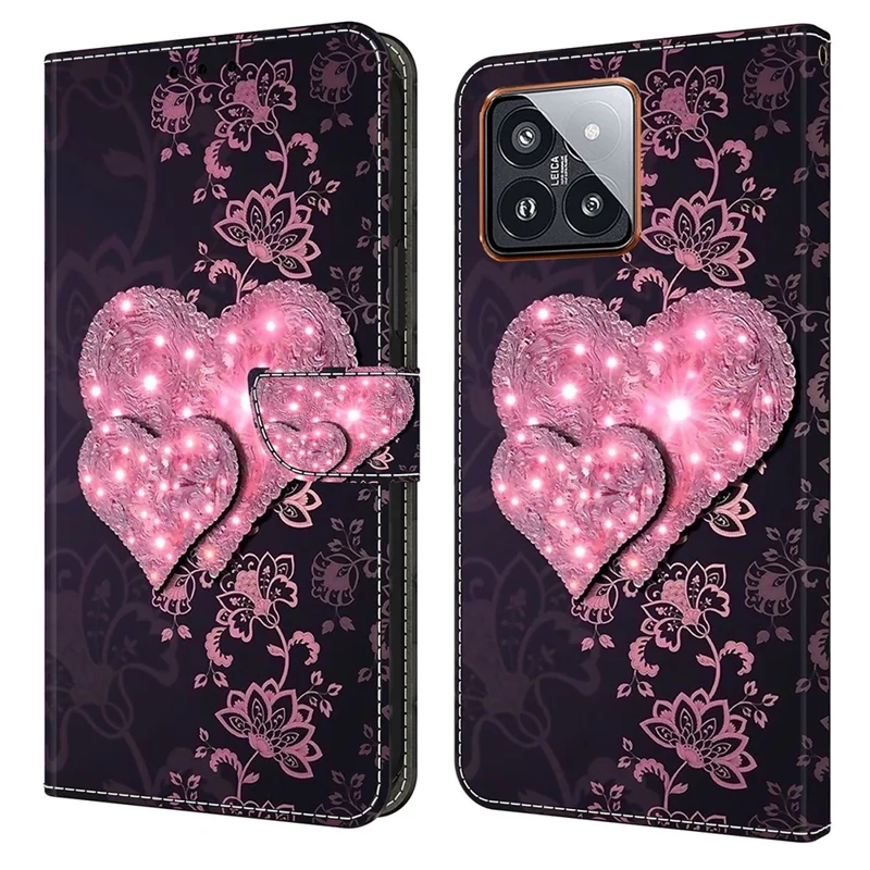 For Xiaomi 14 Pro Case 3D Pattern Printing Wallet Phone Leather Cover - Lace Hearts