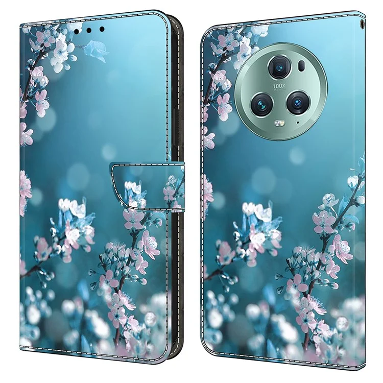For Honor Magic5 Pro Leather Case 3D Pattern Printing Stand Phone Cover - Plum Blossoms