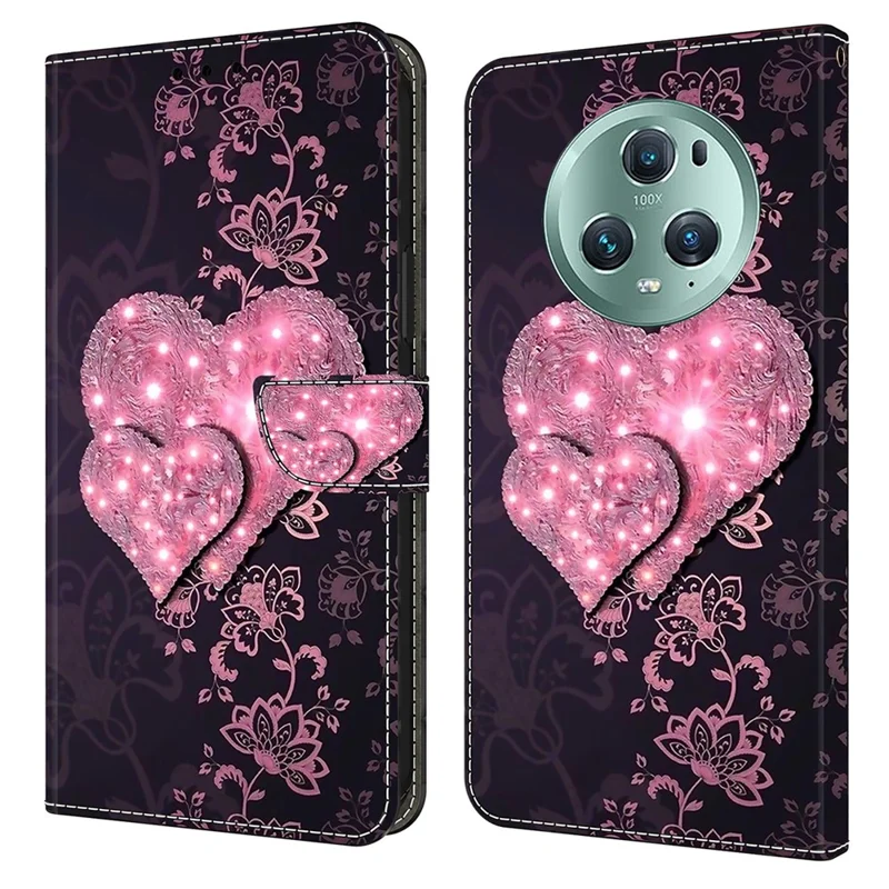For Honor Magic5 Pro Leather Case 3D Pattern Printing Stand Phone Cover - Lace Hearts