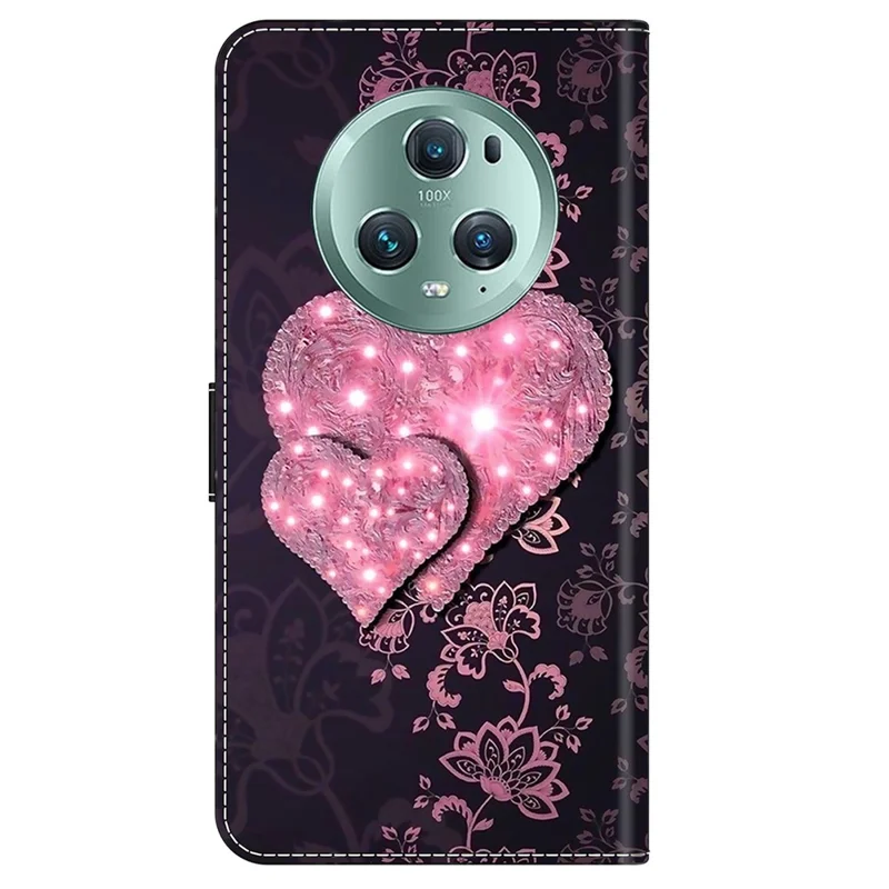 For Honor Magic5 Pro Leather Case 3D Pattern Printing Stand Phone Cover - Lace Hearts