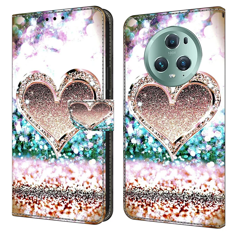 Capa de Couro For Honor Magic5 Pro 3D Pattern Printing Stand Phone Cover - Pink Diamond Heart