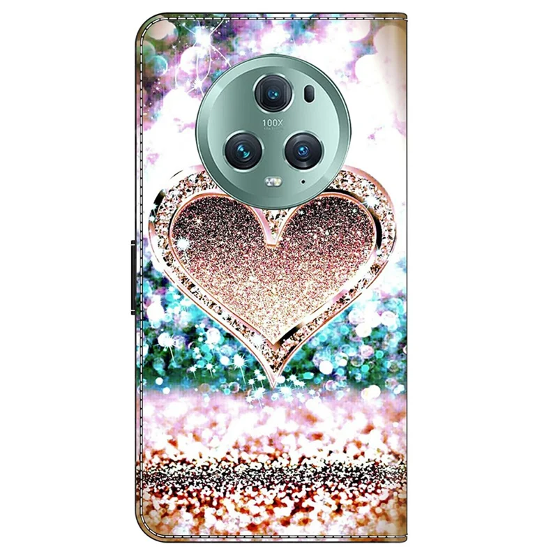 Capa de Couro For Honor Magic5 Pro 3D Pattern Printing Stand Phone Cover - Pink Diamond Heart