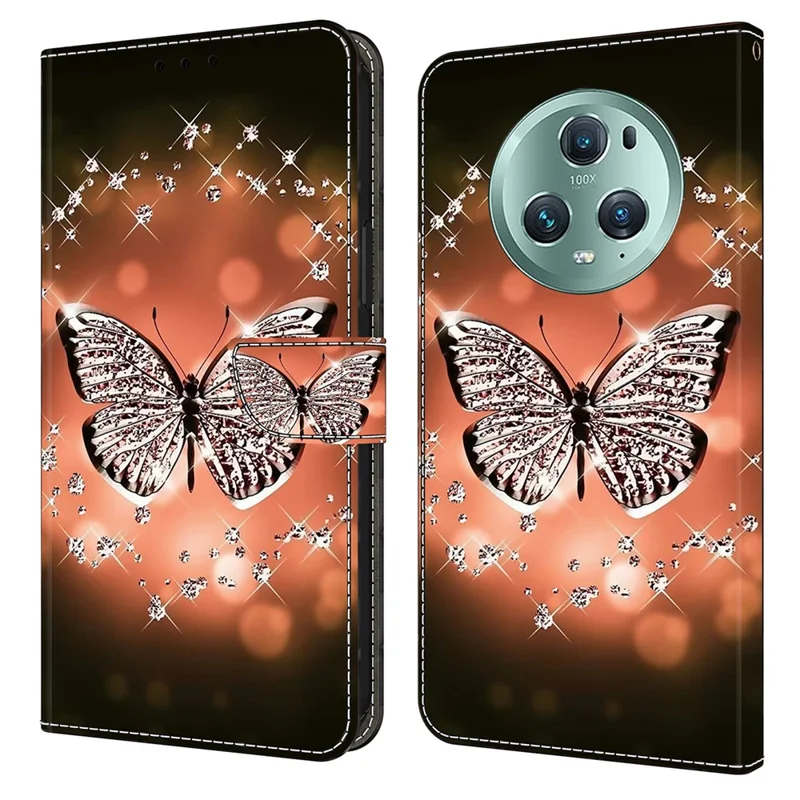 Etui skórzane Honor Magic5 Pro z nadrukiem 3D, pokrywa na telefon z funkcją podstawki - Kryształowy Motyl