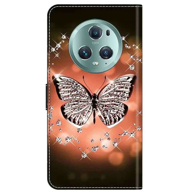 Etui skórzane Honor Magic5 Pro z nadrukiem 3D, pokrywa na telefon z funkcją podstawki - Kryształowy Motyl