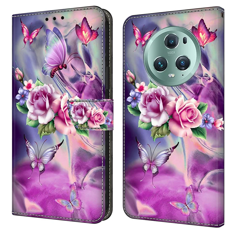 For Honor Magic5 Pro Leather Case 3D Pattern Printing Stand Phone Cover - Butterflies / Flowers