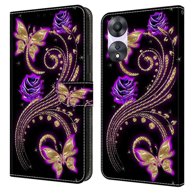 For Oppo A58 5G / A78 5G Case 3D Pattern Printing Magnetic Clasp Wallet Cover - Purple Flowers / Butterflies