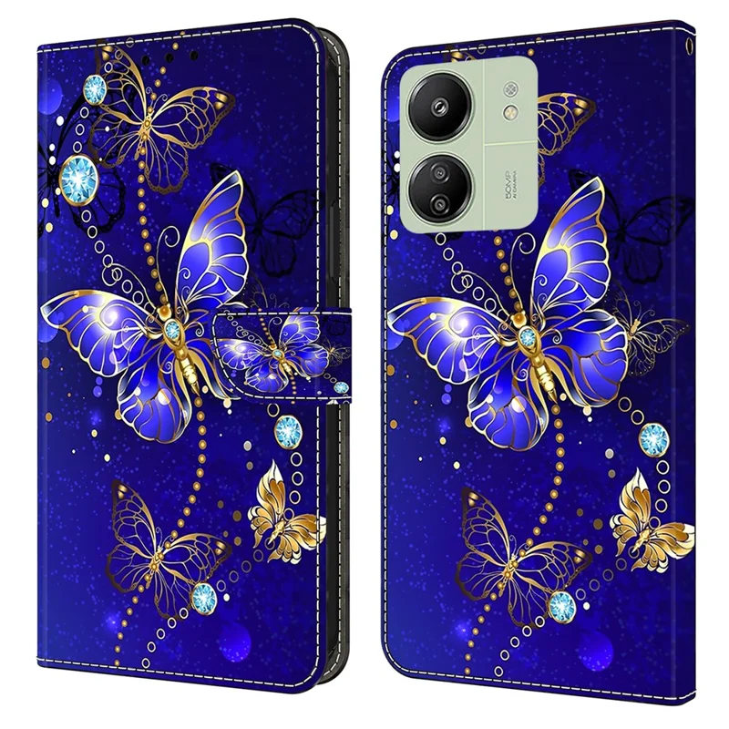 For Xiaomi Redmi 13C 4G / 13C 5G / Poco C65 4G / Poco M6 5G / 13R 5G Case PU Leather Stand Wallet Cover - Diamond Butterfly