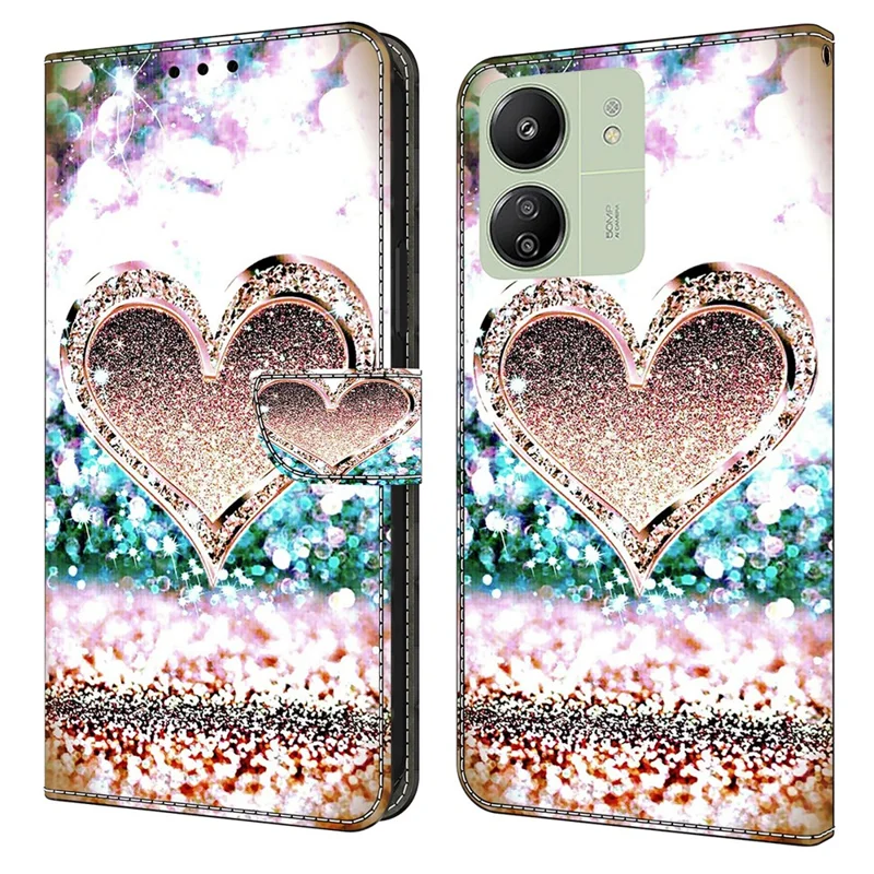 For Xiaomi Redmi 13C 4G / 13C 5G / Poco C65 4G / Poco M6 5G / 13R 5G Case PU Leather Stand Wallet Cover - Pink Diamond Heart