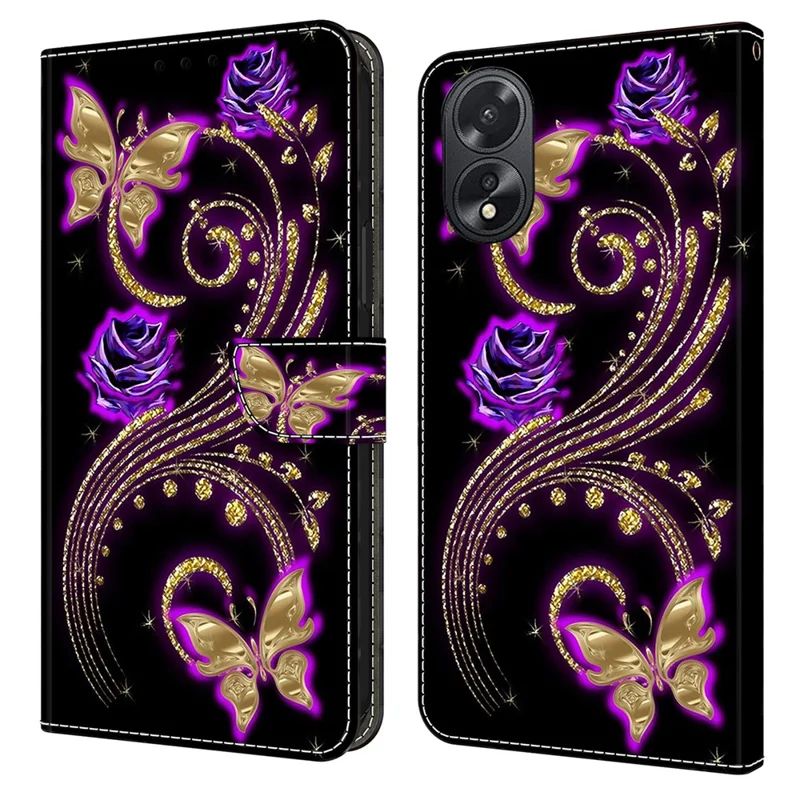 For Oppo A38 4G / A18 4G Leather Case 3D Pattern Printing Wallet Cover - Purple Flowers / Butterflies